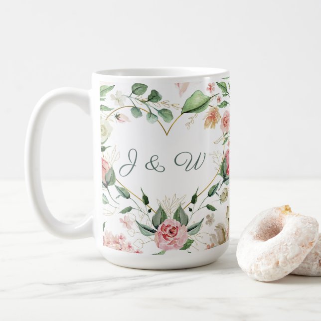 Blush Pink Floral Gold Heart Monogram Wedding Coffee Mug (With Donut)