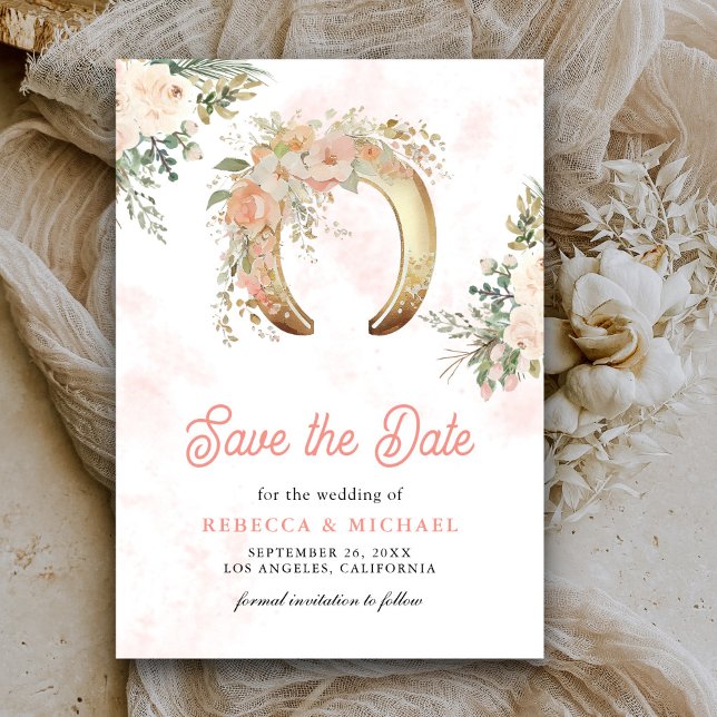 Blush Pink Floral Gold Horseshoe Wedding Save The Date (Creator Uploaded)