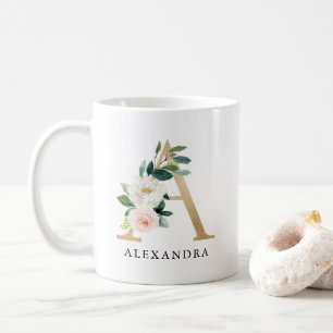 Blush Pink Floral & Gold Letter A Monogram Coffee Mug