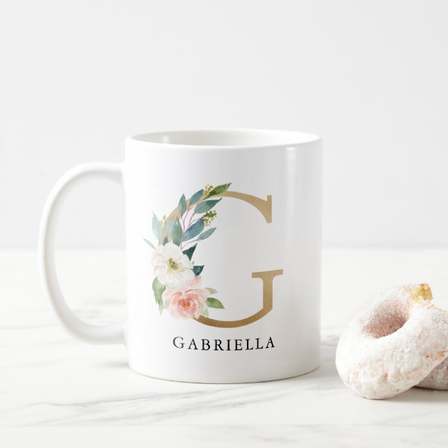Blush Pink Floral & Gold Letter G Monogram Coffee Mug (With Donut)