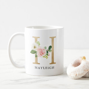 Blush Pink Floral & Gold Letter H Monogram Coffee Mug