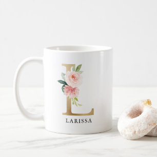Blush Pink Floral & Gold Letter L Monogram Coffee Mug