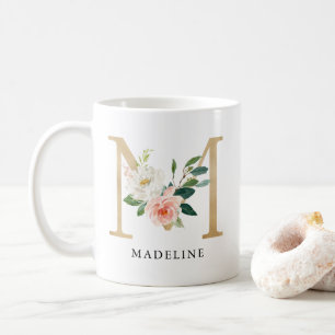 Blush Pink Floral & Gold Letter M Monogram Coffee Mug