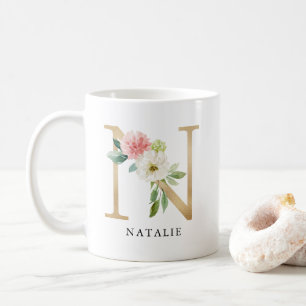 Blush Pink Floral & Gold Letter N Monogram Coffee Mug