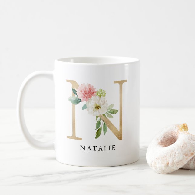 Blush Pink Floral & Gold Letter N Monogram Coffee Mug (With Donut)