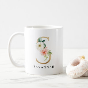Blush Pink Floral & Gold Letter S Monogram Coffee Mug