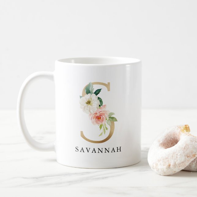 Blush Pink Floral & Gold Letter S Monogram Coffee Mug (With Donut)