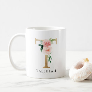 Blush Pink Floral & Gold Letter T Monogram Coffee Mug