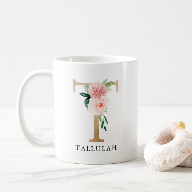 Blush Pink Floral & Gold Letter T Monogram Coffee Mug (With Donut)