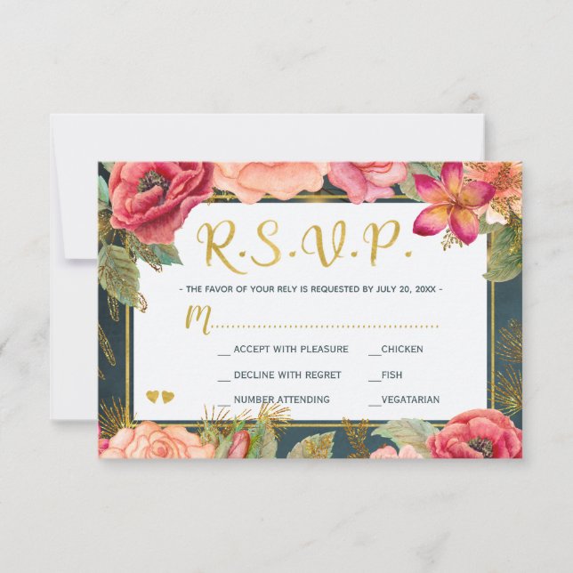 Blush pink floral gold navy typograpy wedding rsvp card (Front)