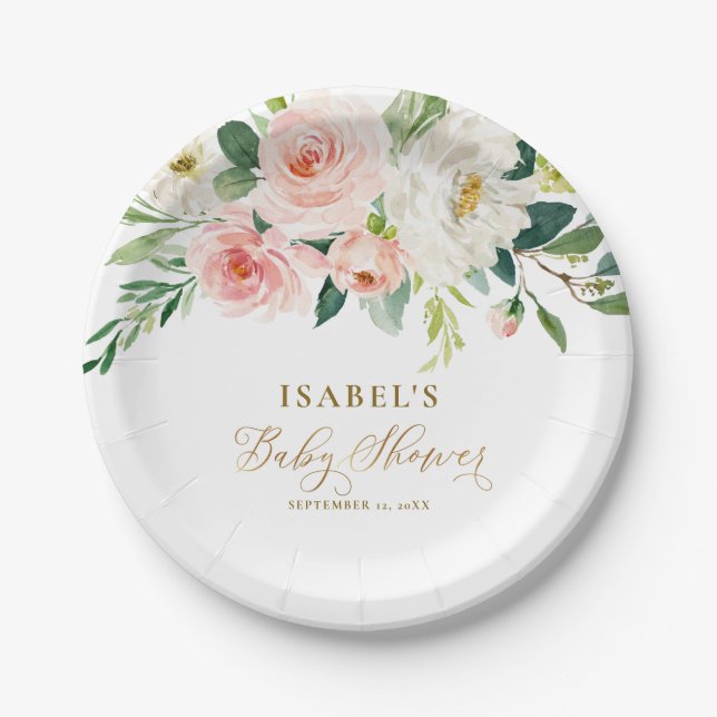 Blush Pink Floral & Gold Personalised Baby Shower Paper Plate (Front)