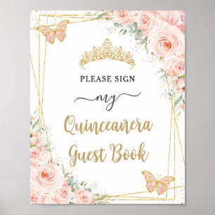 Blush Pink Floral Gold Quinceanera Guest Book Sign