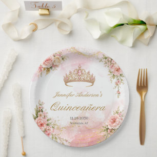 Blush Pink Floral Gold Quinceañera Paper Plate