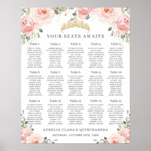 Blush Pink Floral Gold Quinceañera Seating Chart (Front)