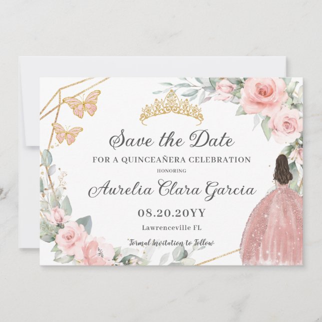 Blush Pink Floral Gold Quinceañera Sweet Sixteen Save The Date (Front)