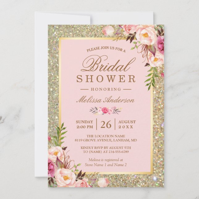 Blush Pink Floral Gold Sparkles Bridal Shower Invitation (Front)