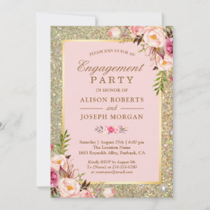 Blush Pink Floral Gold Sparkles Engagement Party Invitation