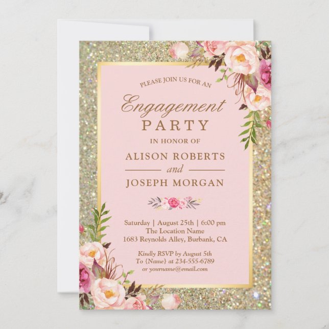 Blush Pink Floral Gold Sparkles Engagement Party Invitation (Front)