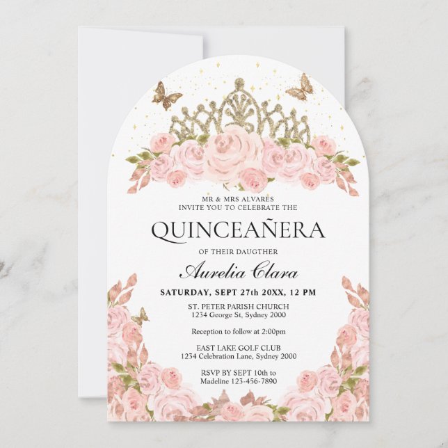 Blush Pink Floral Gold Tiara Quinceanera Arch Invitation (Front)