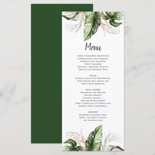 Blush Pink Floral Gold Tropical Greenery Wedding Menu (Front/Back)
