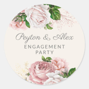 Blush Pink Floral Gold Vintage Engagement Party Classic Round Sticker