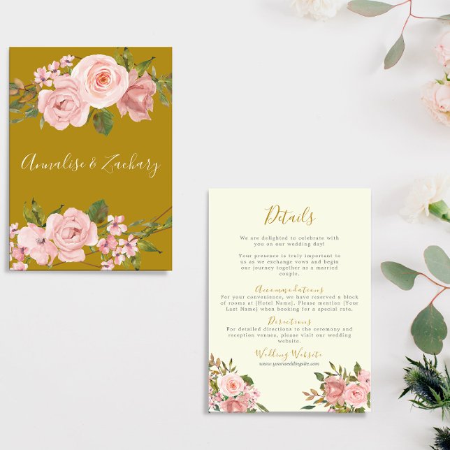 Blush Pink Floral Gold Wedding Details Card (Creator Uploaded)