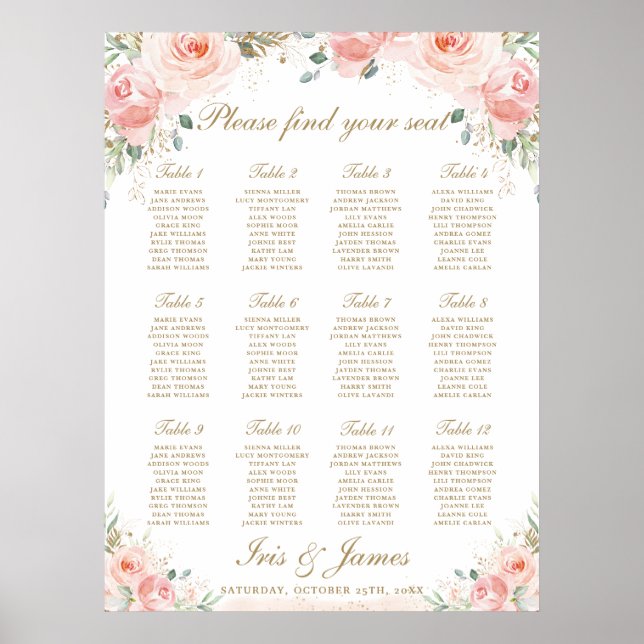Blush Pink Floral Gold Wedding Seating Chart Sign (Front)