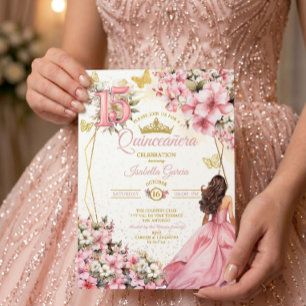 Blush Pink Floral Golden Butterflies Quinceañera Invitation