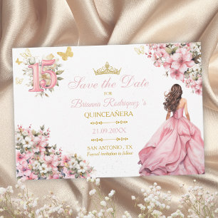 Blush Pink Floral Golden Butterflies Quinceañera Save The Date
