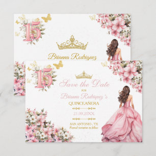 Blush Pink Floral Golden Butterflies Quinceañera Save The Date