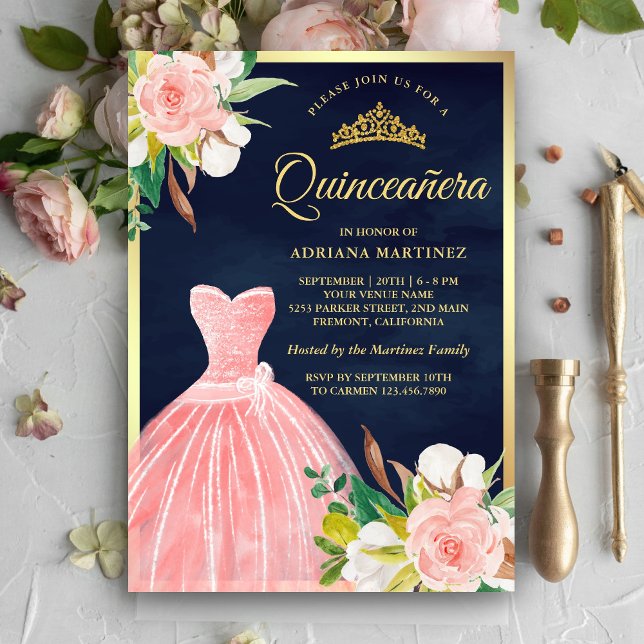 Blush Pink Floral Gown Navy Blue Gold Quinceanera Invitation (Creator Uploaded)