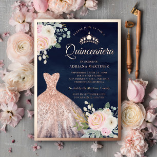 Blush Pink Floral Gown Navy Quinceanera Rose Gold