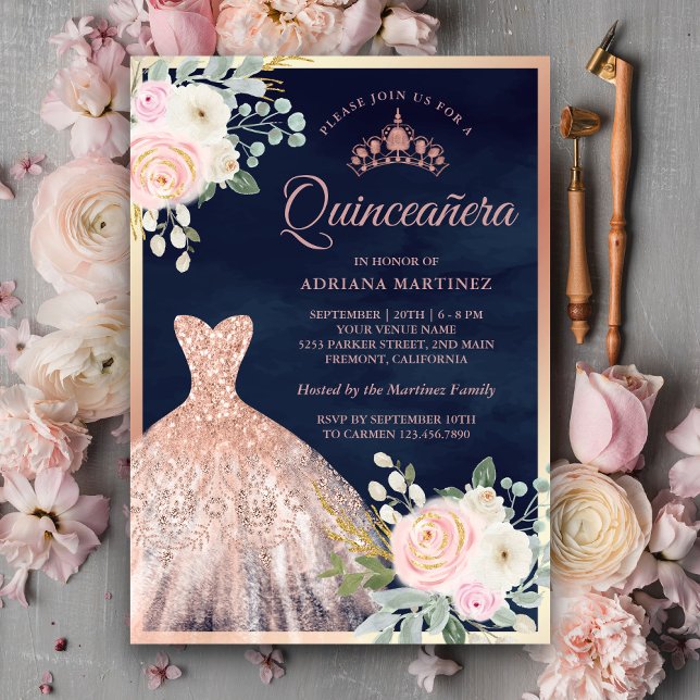 Blush Pink Floral Gown Navy Rose Gold Quinceanera Invitation (Creator Uploaded)