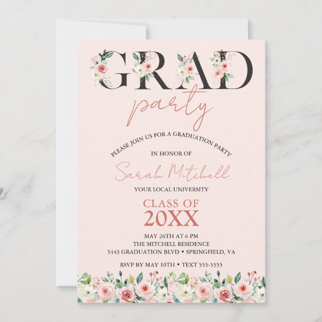 Blush Pink Floral Graduation Party Invitation (Front)