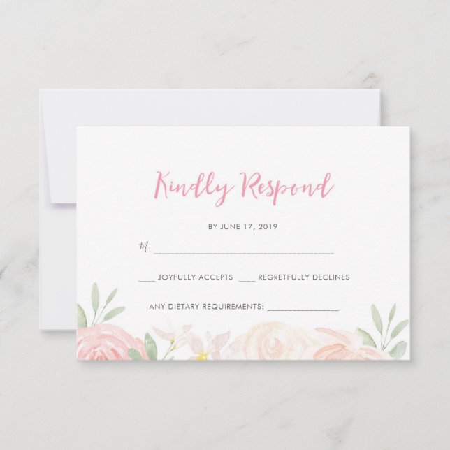 Blush pink floral gray RSVP cards (Front)