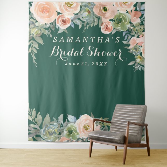 Blush Pink Floral green Bridal Shower Photobooth Tapestry (In Situ)