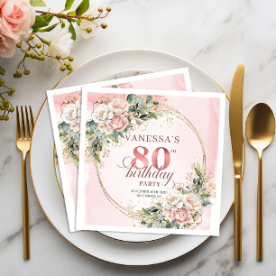 Blush Pink Floral Greenery 80th Birthday Party Napkin