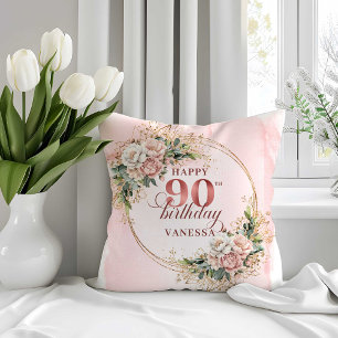 Blush Pink Floral Greenery 90th Birthday Pillow