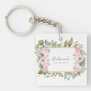 Blush Pink Floral Greenery Boho Wedding Key Ring