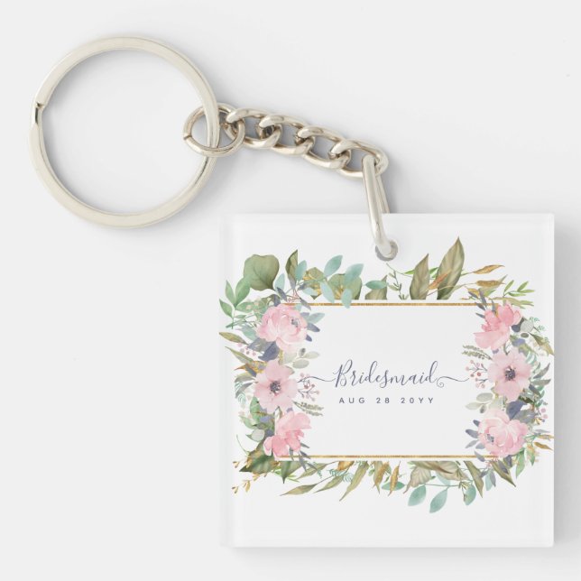Blush Pink Floral Greenery Boho Wedding Key Ring (Front)