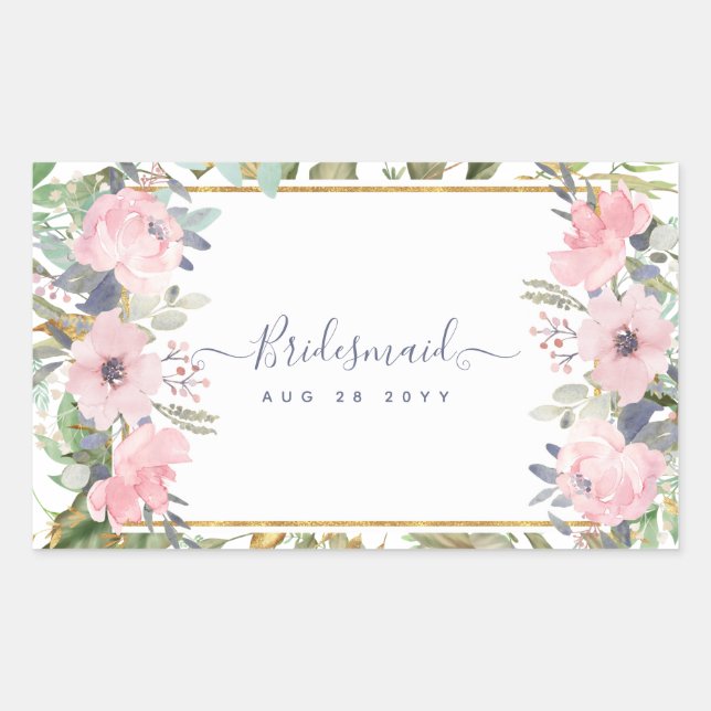 Blush Pink Floral Greenery Boho Wedding Rectangular Sticker (Front)