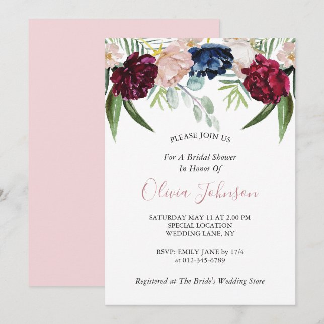 Blush Pink Floral Greenery Bridal Shower Invitation (Front/Back)