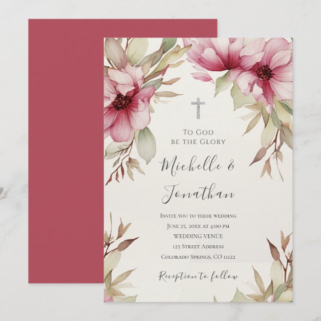 Blush Pink Floral Greenery Christian Cross Wedding Invitation (Front/Back)