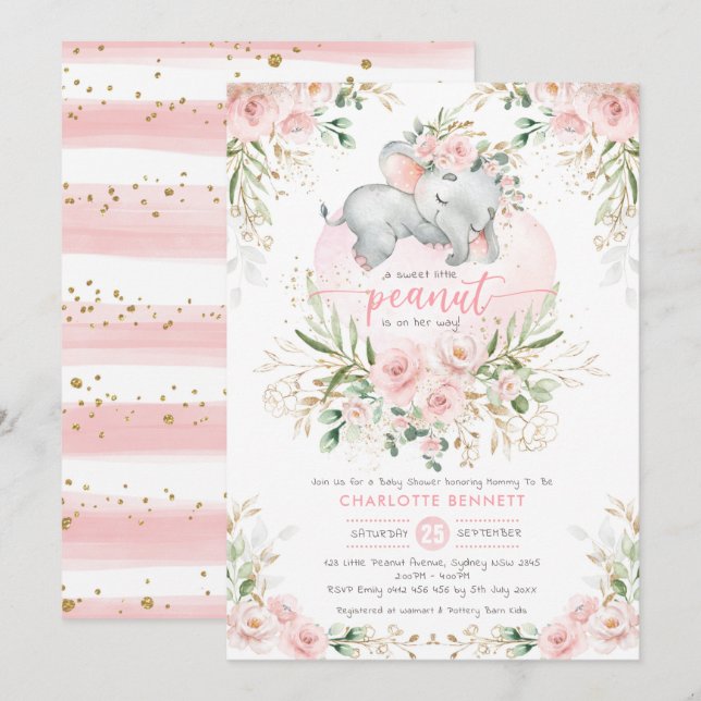 Blush Pink Floral Greenery Elephant Baby Shower Invitation (Front/Back)
