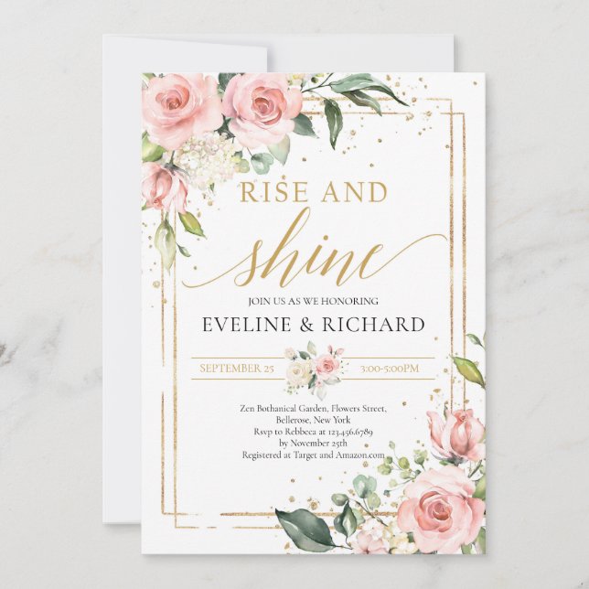 Blush pink floral greenery eucalyptus wedding invitation (Front)