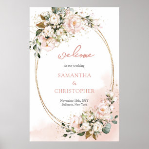 Blush pink floral greenery gold glitter wedding poster