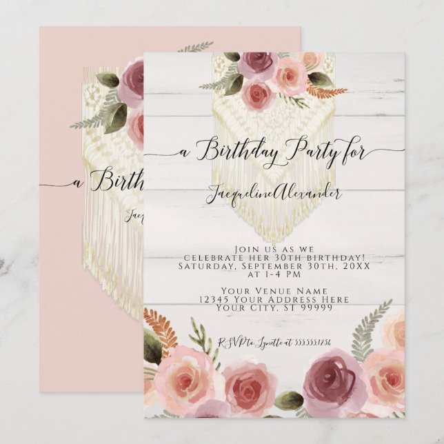Blush Pink Floral Greenery Macrame Birthday Party  Invitation (Front/Back)