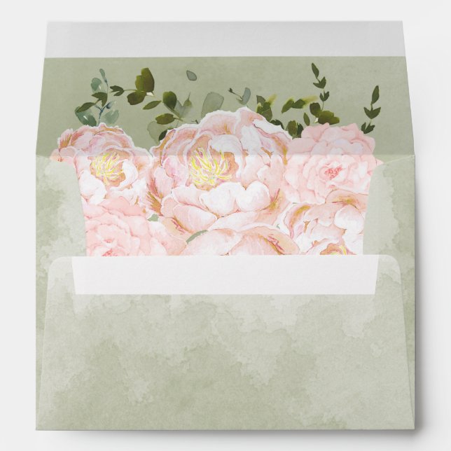 Blush Pink Floral Greenery Sage Green Wedding Envelope (Back (Bottom))