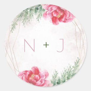 Blush Pink Floral Greenery Watercolor Wedding Classic Round Sticker
