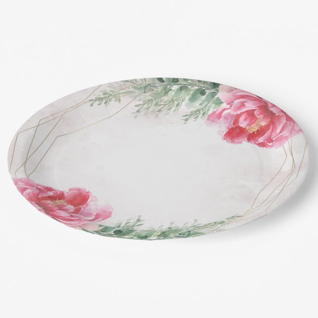 Blush Pink Floral Greenery Watercolor Wedding Paper Plate (Angled)